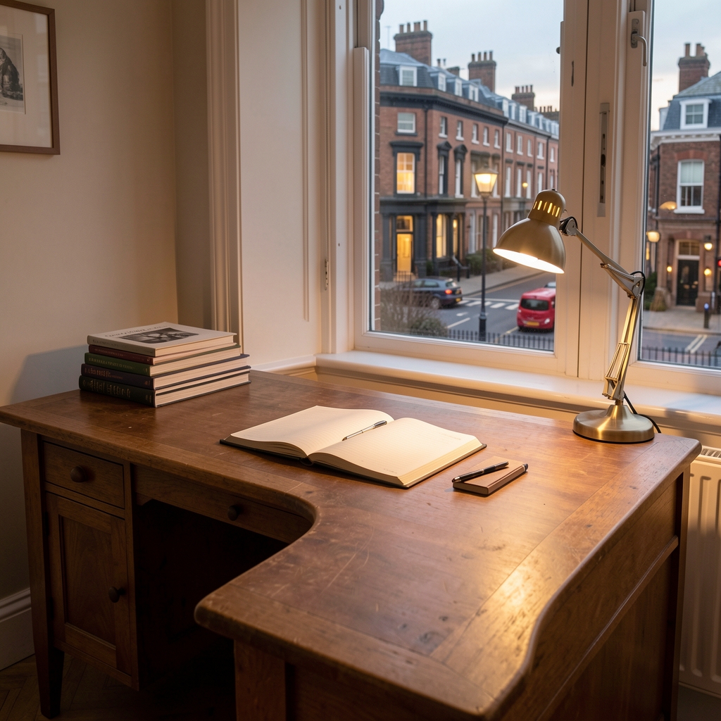 Editorial desk with a notebook open to handwritten observations, pen resting alongside, a glass of water and small potted plant in the background, controlled studio lighting