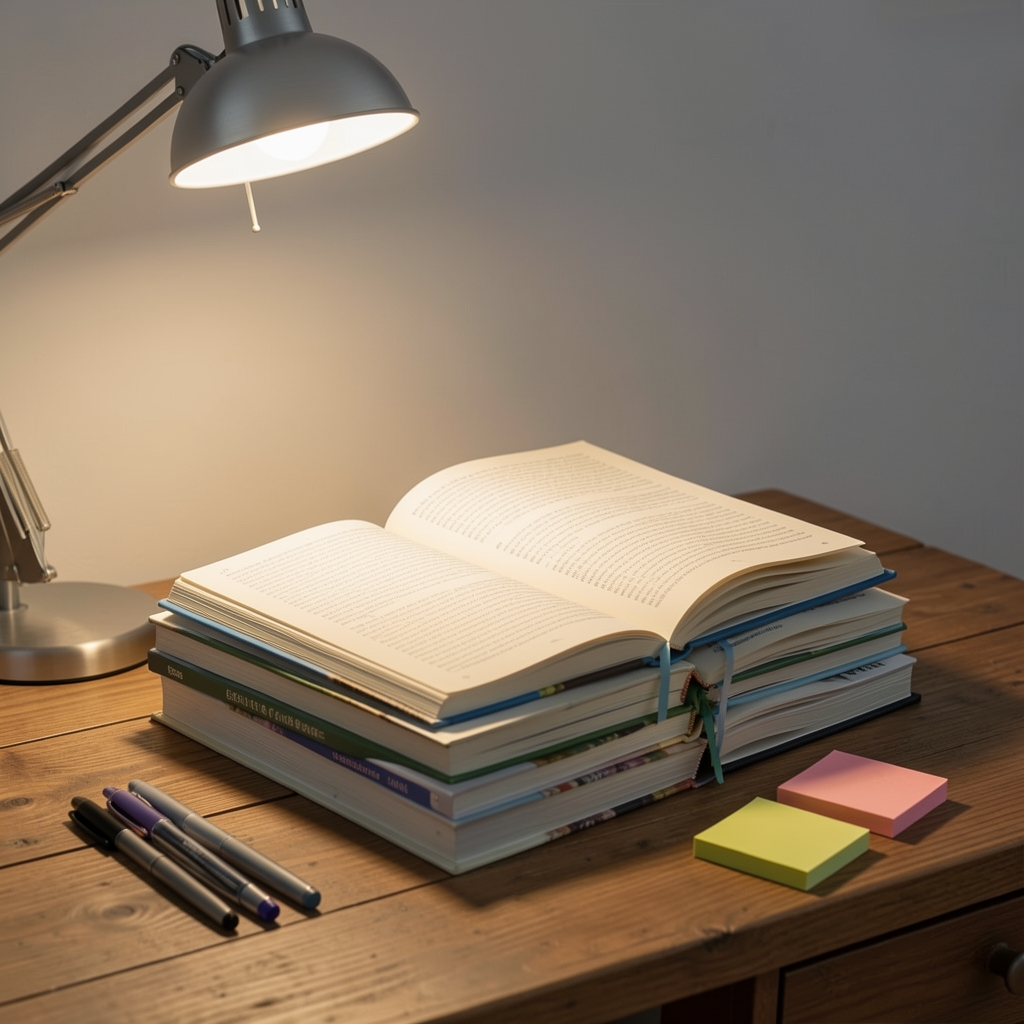 Stack of open notebooks and reference publications on a wooden desk, lit from above by a focused desk lamp, pens and sticky notes visible, workspace setting