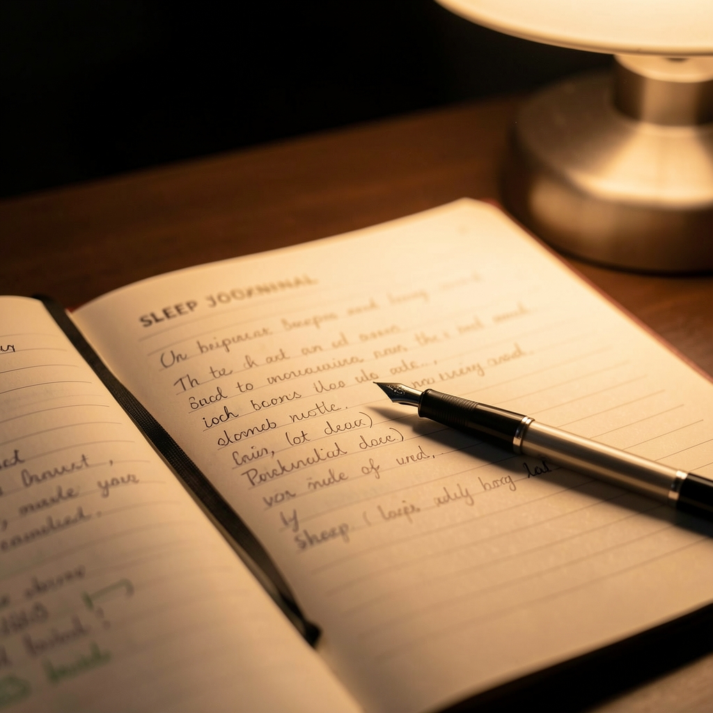 Close-up of handwritten notes in a sleep journal with a pen resting across the page, soft warm lamplight, dark background suggesting evening setting