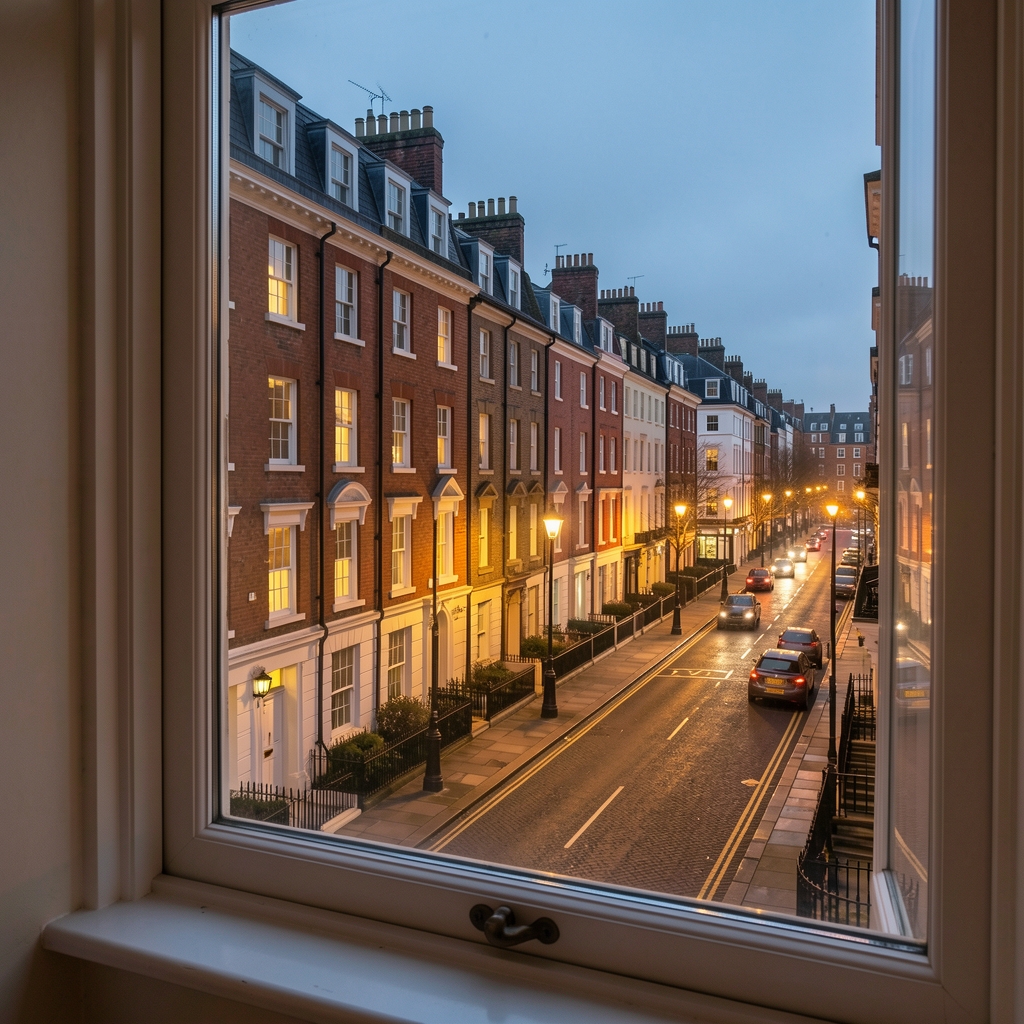 London street view from a first-floor window in the evening, streetlights beginning to illuminate, buildings with lit windows, quiet residential street atmosphere