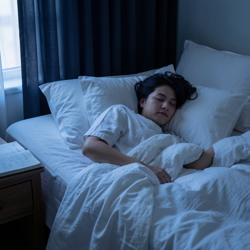 Person lying in bed in a dark bedroom, soft blue ambient light filtering through blackout curtains, white linen, a sleep journal open on the nightstand