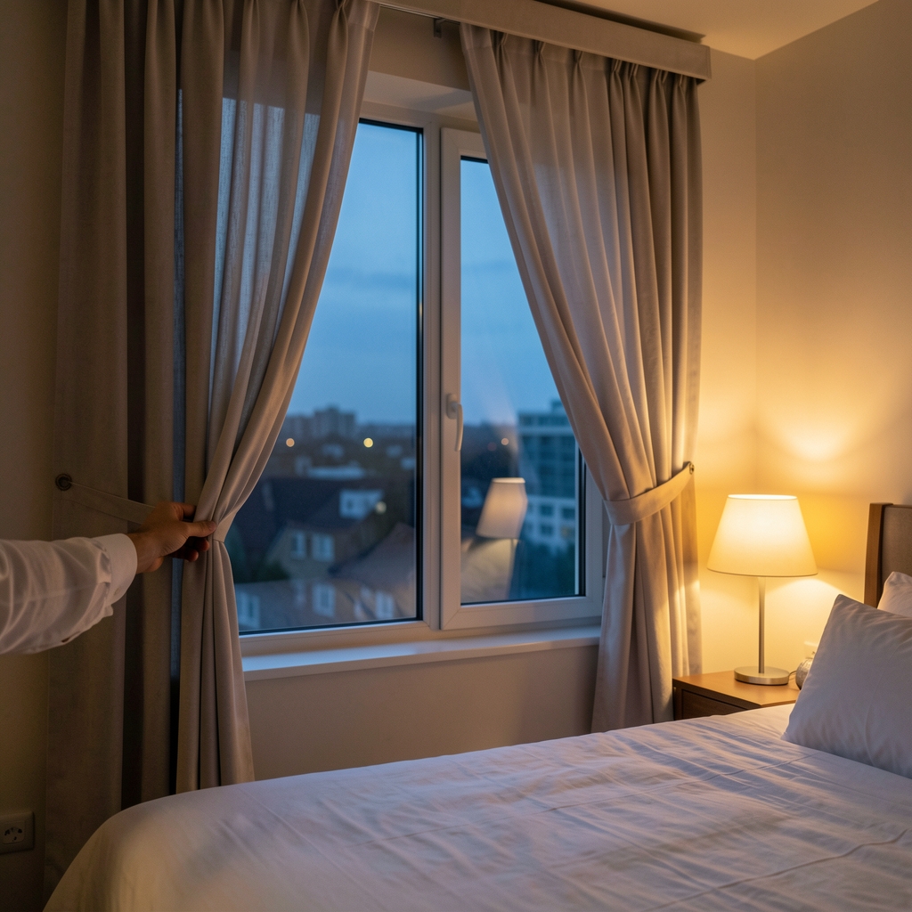 Bedroom window at dusk with curtains being drawn by hand, warm interior lamp light contrasting cool evening sky outside, soft focus