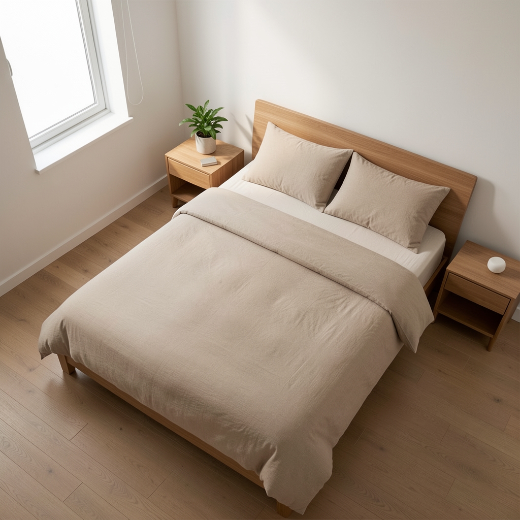 Clean minimalist bedroom setup viewed from above, a simple bed with neutral bedding, small plant on wooden bedside table, natural morning light from one window