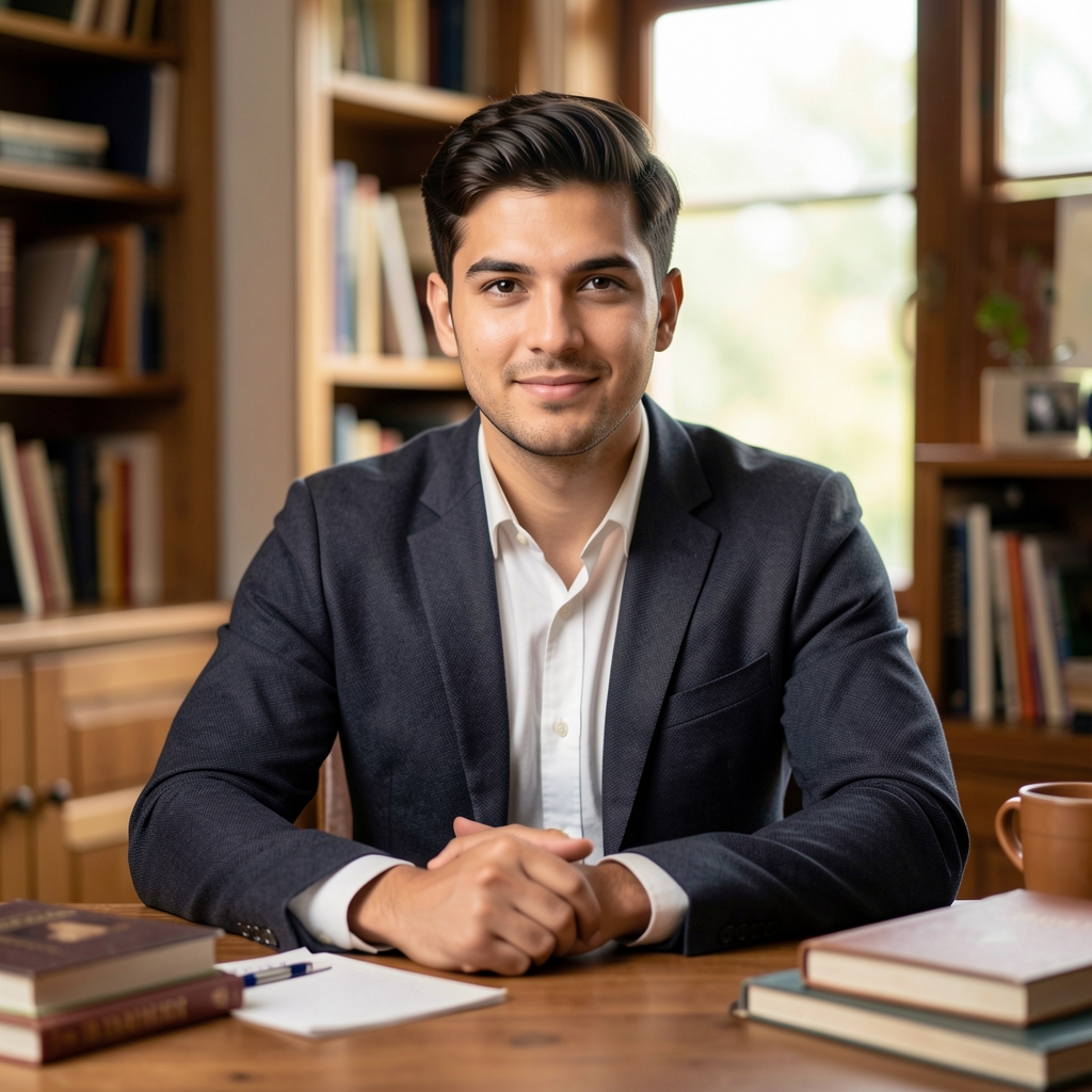 Editorial portrait of Tobias Marsden, contributing writer, photographed at a wooden desk surrounded by books and notes in a study setting with natural light