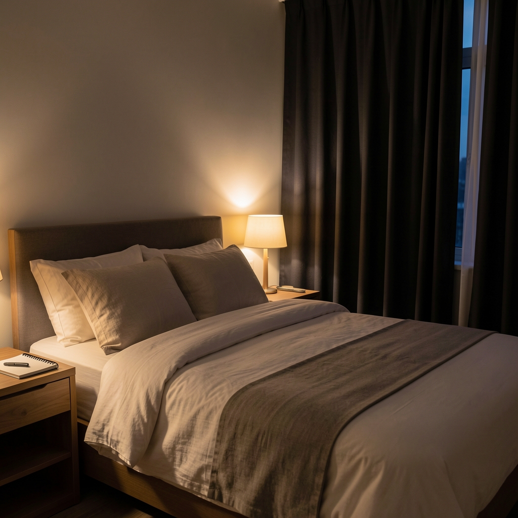 Dimly lit bedroom in the late evening, a single lamp casting warm light on a neatly made bed with linen pillows, blackout curtains partially drawn, notebook on the bedside table